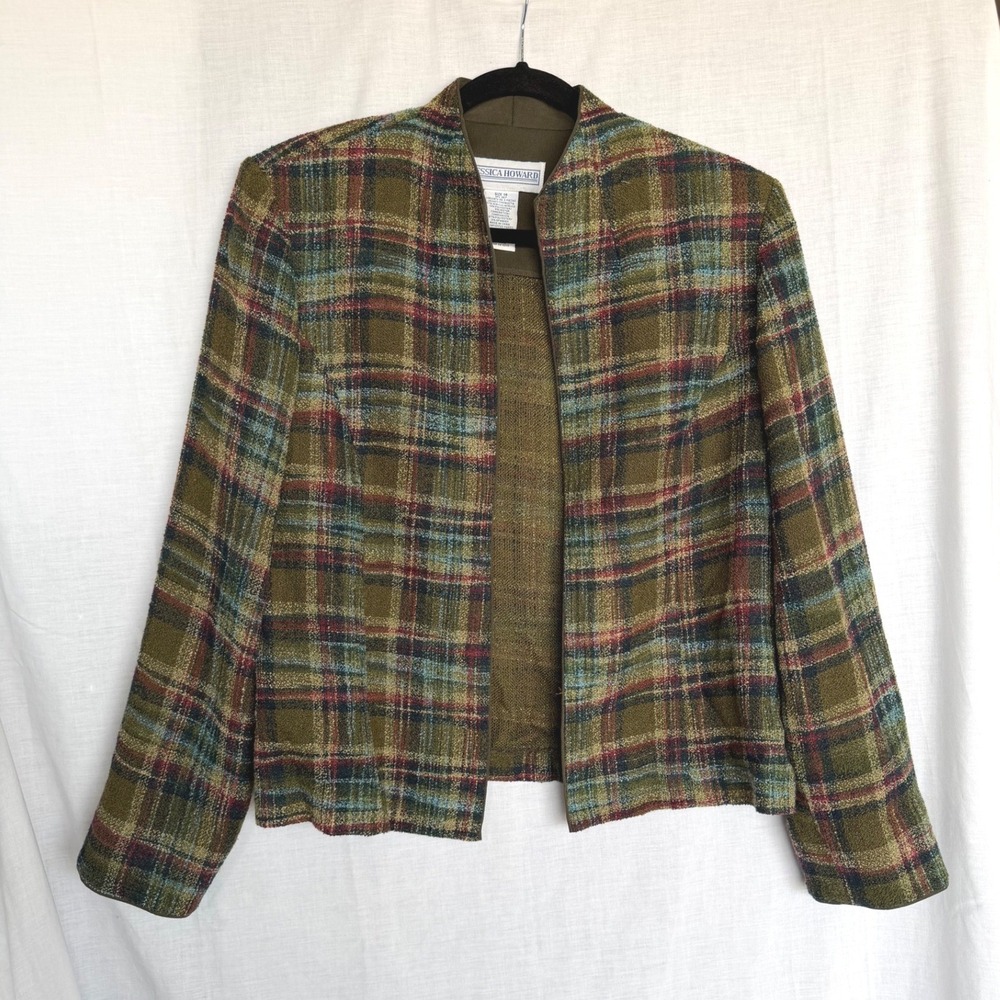 Vintage 90s Y2K Jessica Howard Plaid Open Front Blazer Olive Green Size 14